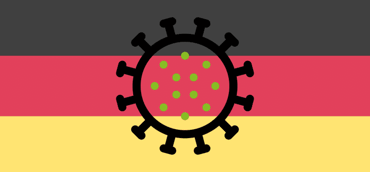 Steagul Germanie care are culorile negru, rosu si galben peste care se afla o reprezentare grafica a coronavirusului